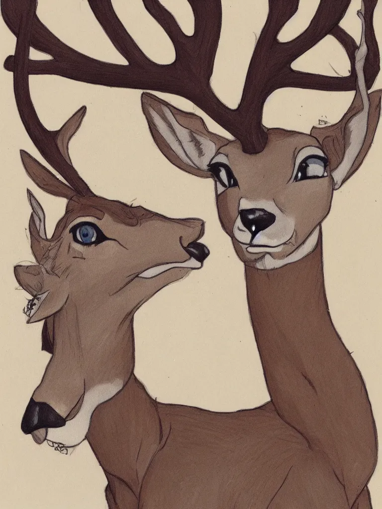 Prompt: a portrait of a male deer in suit, by Don Bluth
