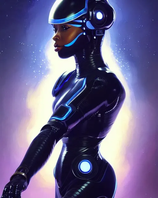 Image similar to Portrait of very very very very very very beautiful black woman, spacesuit, futuristic cybernetic helmet, blue eyes, real life skin, intricate, elegant, highly detailed, artstation, concept art, smooth, sharp focus, art by artgerm and greg rutkowski and alphonse mucha