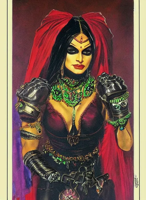 Image similar to portrait of muscular indian vampiress, jeweled veil, strong line, saturated color, beautiful! coherent! by frank frazetta, high contrast, minimalism