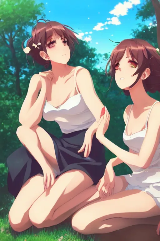 Image similar to two beautiful mothers sitting on a hot summer evening, gorgeous faces, thick lines, cinematic lighting, detailed anime art