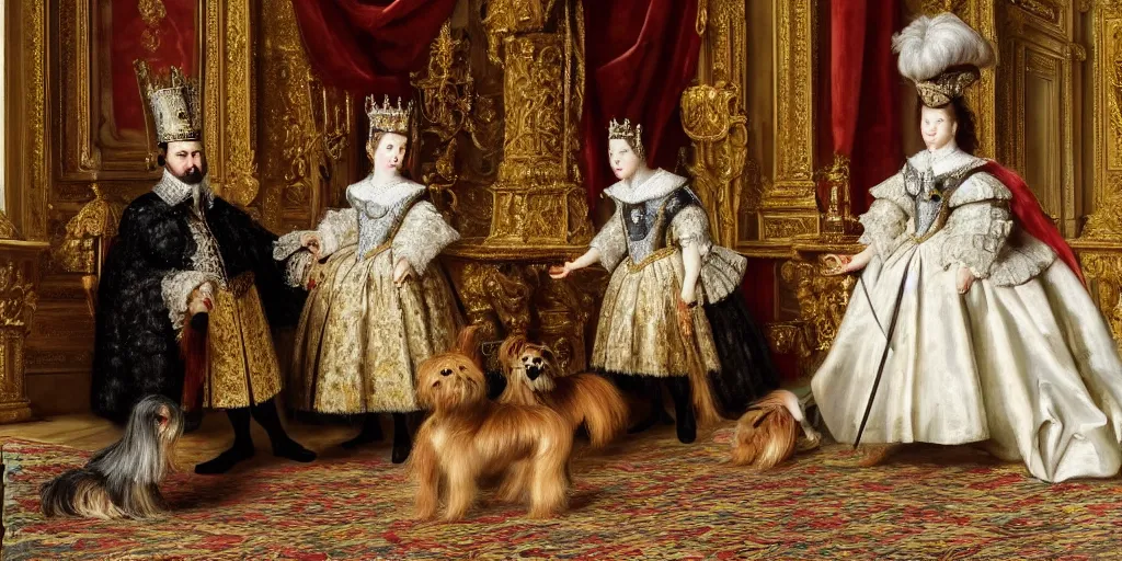 Image similar to A Spanish King with his queen and one young daughter, inside the morning room of their palace, a Yorkshire Terrier is at the arms of the king, very detailed, intricate, smooth, 8 k masterpiece, as painted by Velasquez
