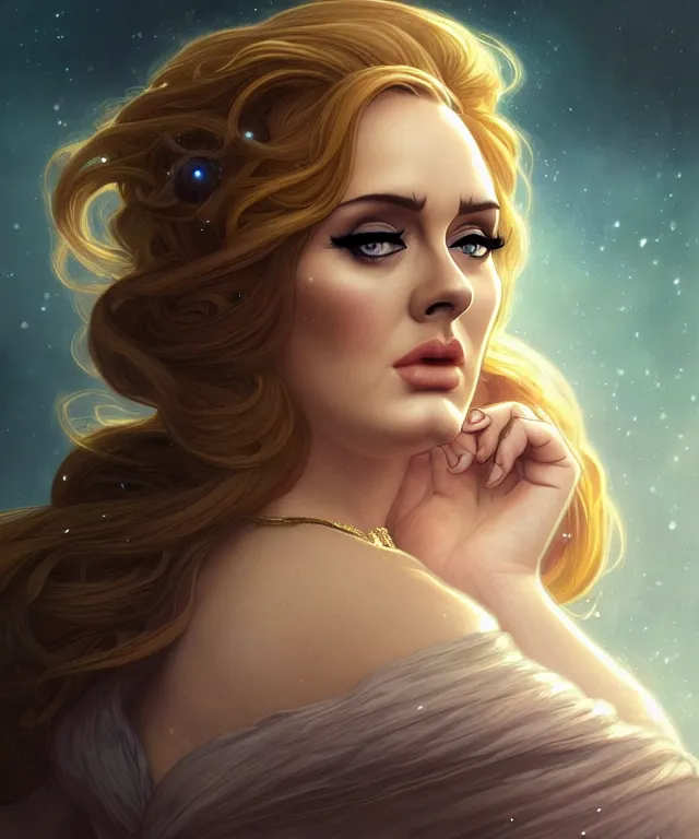 Image similar to Adele as a fantasy magic woman portrait, sci-fi, amber eyes, face, long hair, fantasy, intricate, elegant, highly detailed, digital painting, artstation, concept art, smooth, sharp focus, illustration, art by artgerm and greg rutkowski and alphonse mucha