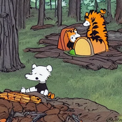 Prompt: Calvin and Hobbes camping in the forest making dinner