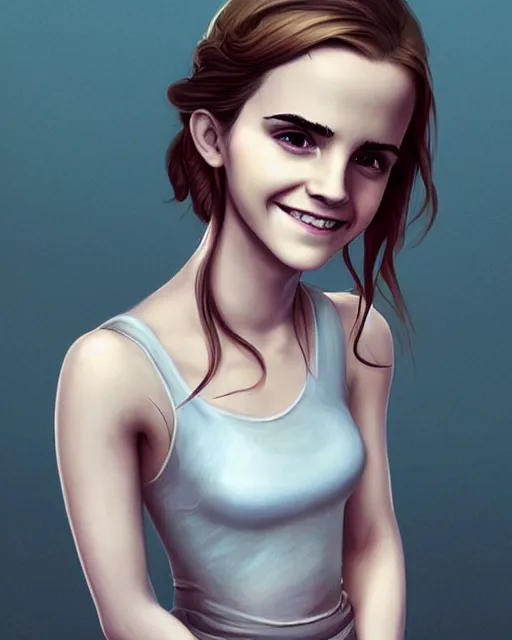 Image similar to beautiful full body Emma Watson smiling, art by Annegret Soltau, lois van baarle and loish and ross tran and rossdraws and sam yang and samdoesarts and artgerm, digital art, highly detailed, intricate, sharp focus, Trending on Artstation HQ, deviantart, unreal engine 5, 4K UHD image, 3D unreal 5, DAZ, hyperrealistic, octane render, cgsociety, Photolab, Lightroom, 4K, Dolby Vision, Photography Award, Irving Penn