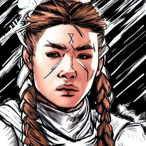 Prompt: portrait of sad Aloy from Horizon: Zero Dawn, comic book illustration, by John Kirby