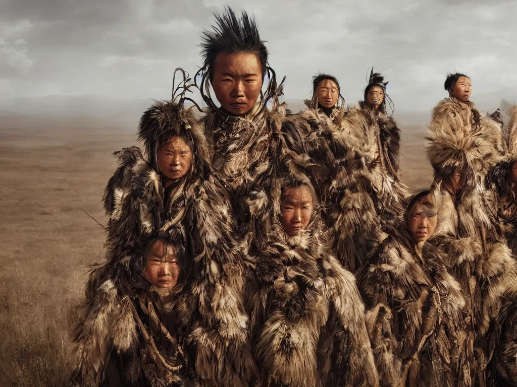 Image similar to a fancy portrait of the mighty sunflower people, a powerful mongolian tribe that lives in a vast barren valley where helianthus grow, by Greg Rutkowski, Sung Choi, Mitchell Mohrhauser, Maciej Kuciara, Johnson Ting, Maxim Verehin, Peter Konig, Bloodborne, macro lens, 35mm, 8k photorealistic, cinematic lighting, HD, high details, atmospheric