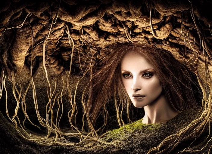 Image similar to portrait photo of roots growing down from a ceiling in an underground cavern wrapped around an elven woman. Fantasy magic horror style. Highly detailed 8k. Intricate. Nikon d850 55mm. Award winning photography.