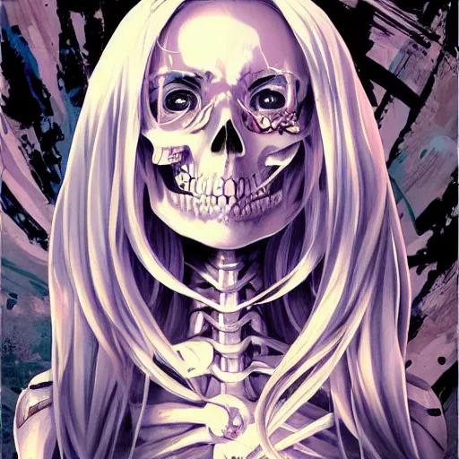 Image similar to anime manga skull portrait young woman skeleton, artgerm, painterly, graffiti, key lighting, art by jc leyendecker and sachin teng