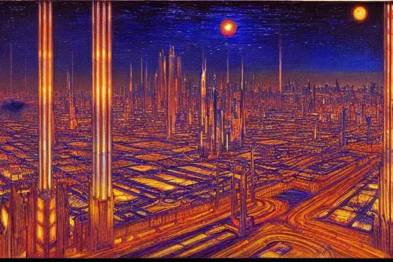 Image similar to a scifi illustration, Night City on Coruscant by william holman hunt