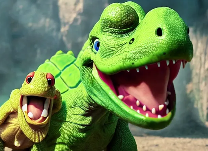 Image similar to film still of yoshi in the new sci - fi movie, cute upright dinosaur with a small turtle shell and long tongue, 8 k