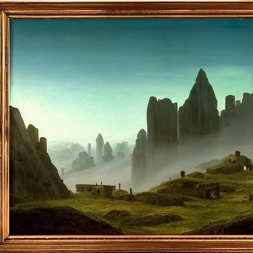 Image similar to village above the clouds, sharp pointy mountains, wooden platforms, tents, colors, misty clouds, sun at dawn, brutalism, painting by caspar david friedrich