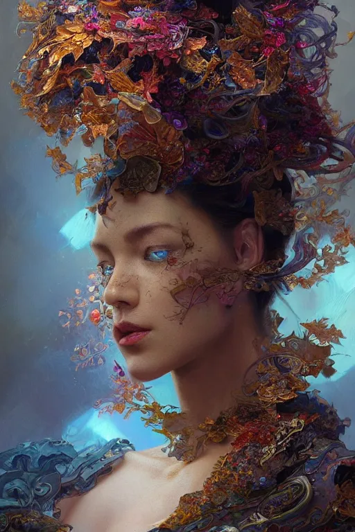 Prompt: face closeup of beautiful girl in intricate detailed color oilpaint, 3 d render, hyper realistic detailed portrait, flocking color leaves, ornate leaves headpiece, elegant, intense colors, ruan jia, wlop. scifi, fantasy, hyper detailed, octane render, concept art, by peter mohrbacher, by alphonse mucha, by wlop, by ruan jia