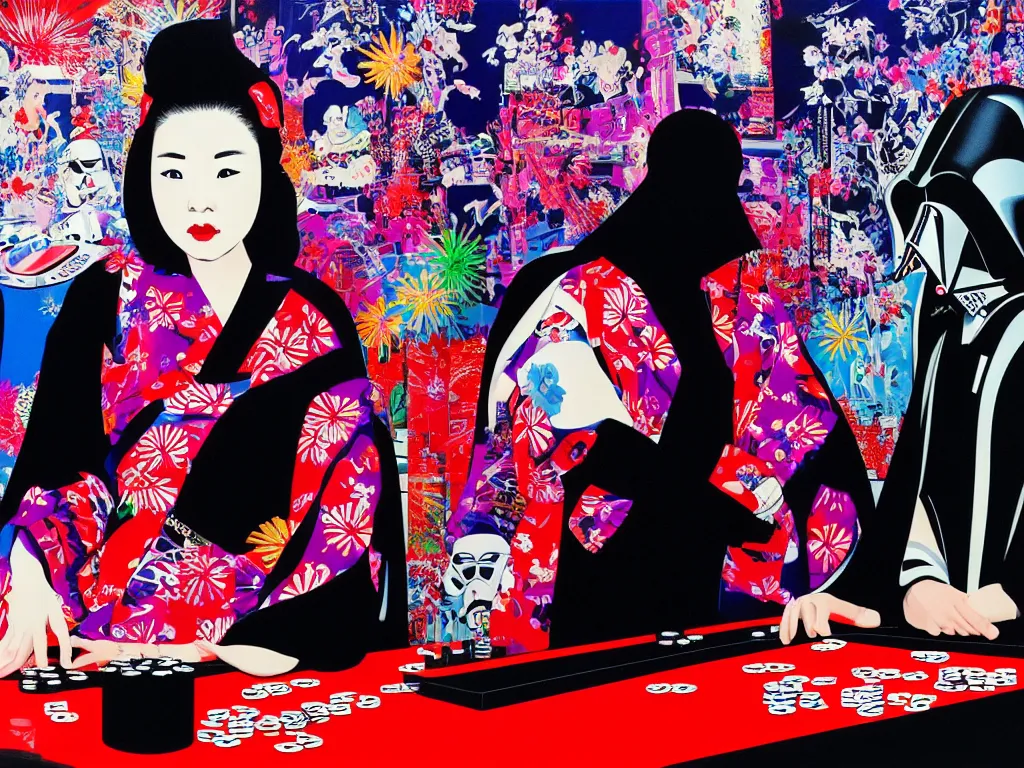 Image similar to hyperrealism composition of the detailed woman in a japanese kimono sitting at an extremely detailed poker table with darth vader, fireworks on the background, pop - art style, jacky tsai style, andy warhol style, acrylic on canvas