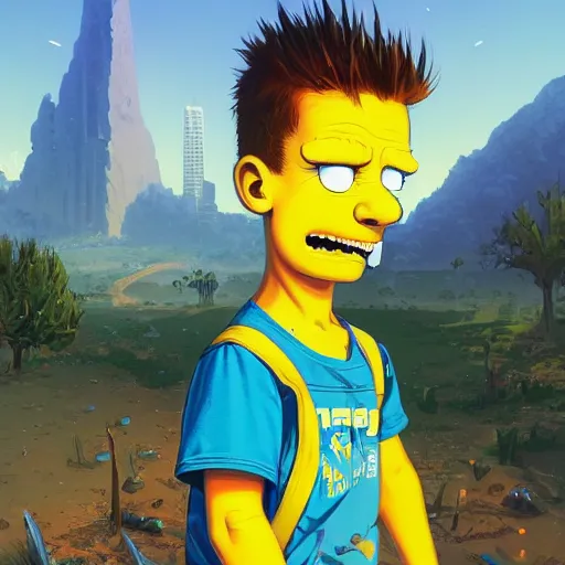 Image similar to highly detailed portrait bart simpson, in gta v, stephen bliss, unreal engine, fantasy art by greg rutkowski, loish, rhads, ferdinand knab, makoto shinkai and lois van baarle, ilya kuvshinov, rossdraws, tom bagshaw, global illumination, radiant light, detailed and intricate environment