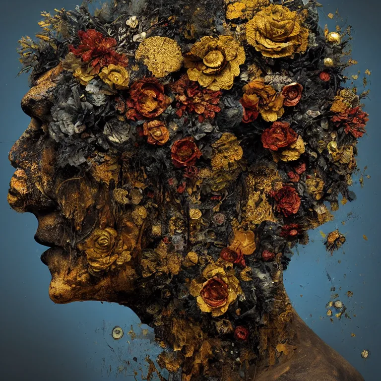 Image similar to A beautiful oil painting hyperrealism of a decayed black head, rotting black clay skin, gold flaked flowers, floral headdress, 8k resolution, octane render, Trending on artstation, by Gediminas Pranckevicius, volumetric light 2blue fractal Thunder glow by dan mumford, anaglyph effect, Laurie Lipton