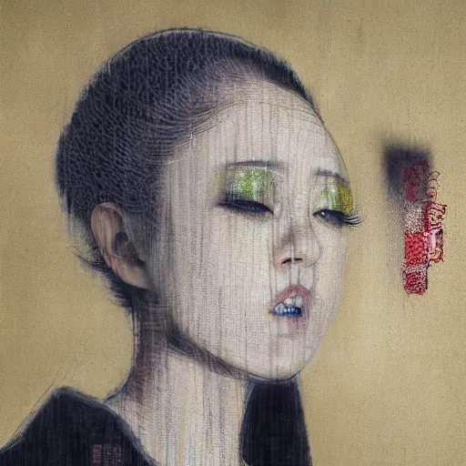 Image similar to yoshitaka amano blurred and dreamy realistic three quarter angle portrait of a young woman with black lipstick and black eyes wearing dress suit with tie, junji ito abstract patterns in the background, satoshi kon anime, noisy film grain effect, highly detailed, renaissance oil painting, weird portrait angle, blurred lost edges