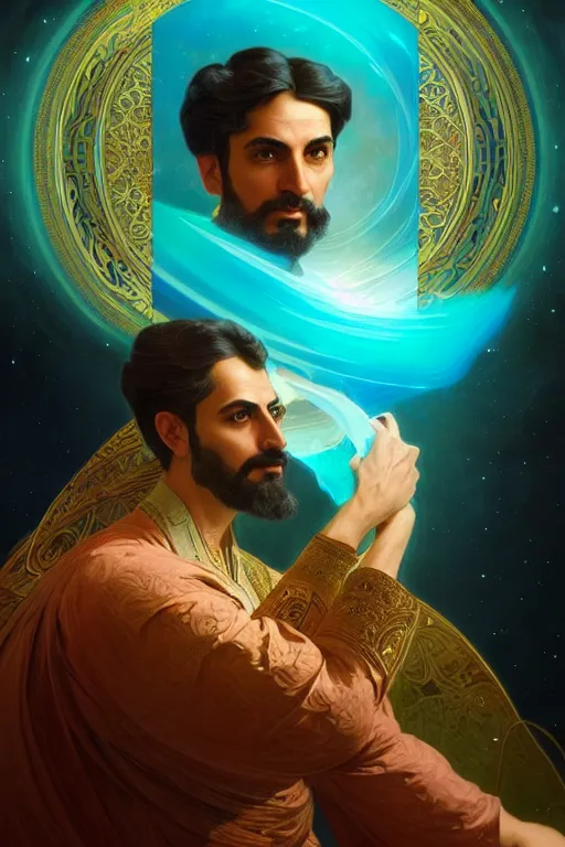 Image similar to portrait of a Persian architect and astronomer, handsome man, heroic pose, Turquoise colors, dramatic lighting, volumetric lighting, intricate, highly detailed, digital painting, artstation, concept art, smooth, sharp focus, illustration, art by artgerm and greg rutkowski and alphonse mucha, footage from space camera