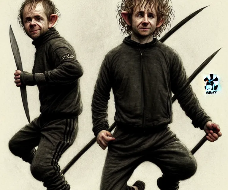 Prompt: dominic monaghan and billy boyd as hobbits squatting slavs in black adidas track suits with white stripes down the leg, caricature, highly detailed, digital painting, artstation, concept art, sharp focus, cinematic lighting, illustration, art by met mangindaan, artgerm and greg rutkowski, alphonse mucha, cgsociety