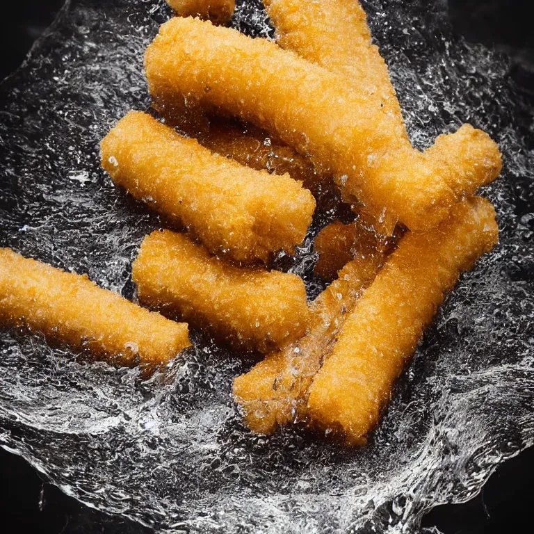 Image similar to soaking wet soggy fish fingers drenched with a stream of water from a faucet on a moist wet plate. very wet delicious fish sticks with specular highlights. water drips from the wet fish sticks. macro lens close up shot 8 k food commercial shot award winning