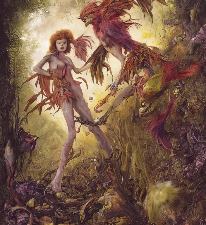 Image similar to a portrait photograph of sadie sink as a colorful harpy super hero with slimy mutated skin. she is trying on a amphibian organic catsuit and transforming into a feathered beast. by tom bagshaw, donato giancola, hans holbein, walton ford, gaston bussiere, peter mohrbacher and brian froud. 8 k, cgsociety