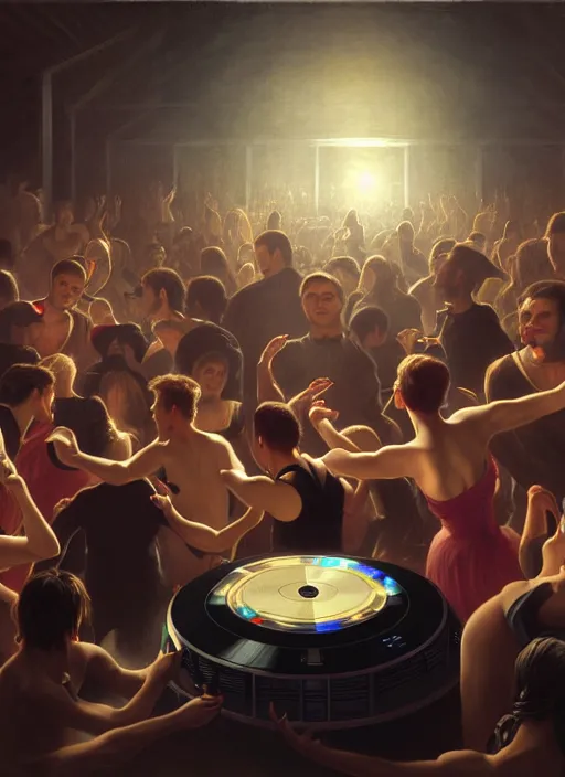 Image similar to image of group of people very drunk dancing chaotic and large technics dj table front of picture, dark backround, spotlights, highly detailed, digital illustration, trending in artstation, modern painting, smooth, sharp focus, intricate, einar jonsson and bouguereau