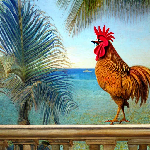 Image similar to a ultradetailed beautiful painting of a rooster in the amazonas palace balustrade designed by jules bastien - lepage, hans belmer, frank weston and gustave baumann, beach, trending on artstation, mediterranean, palm trees, refracted color sparkles, sharp focus, soft light, 8 k 4 k