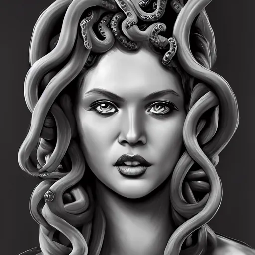 Image similar to medusa portrait painting, black and white,, wicked smile, artstation, detailed, blurred background