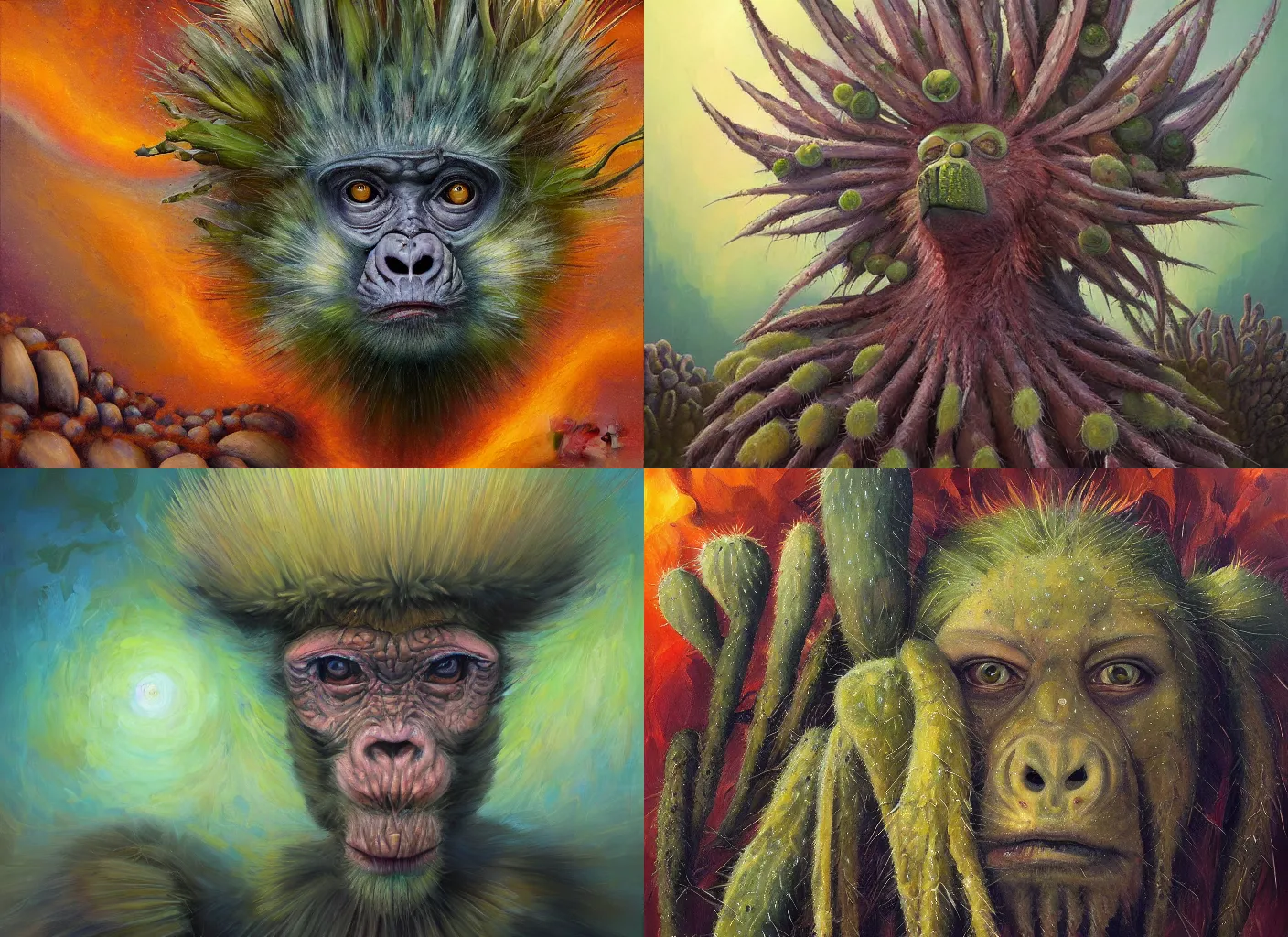 Prompt: ape portrait, peyote cactus desert, oil painting of gloomy abstract surrealist forms by yvonne mcgillivray by mandy jurgens by michael divine, powerful eyes glowing highly detailed painting of gloomy, spiritual abstract forms, symmetrical, artstation, abstract emotional rage expression, fantasy digital art, patterned visionary art, by michael divine, cosmic nebula