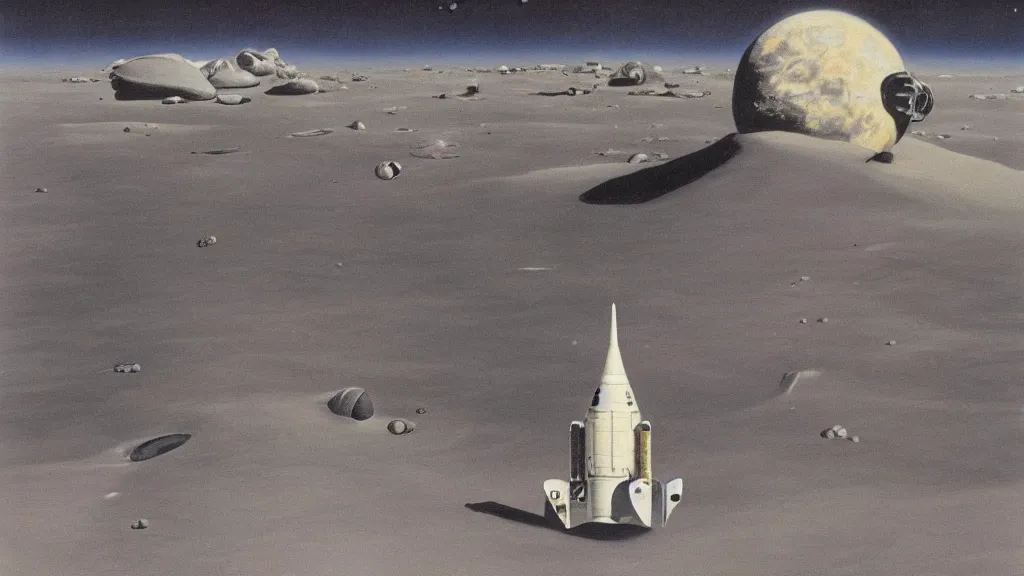 Prompt: rocket on the moon by chesley bonestell