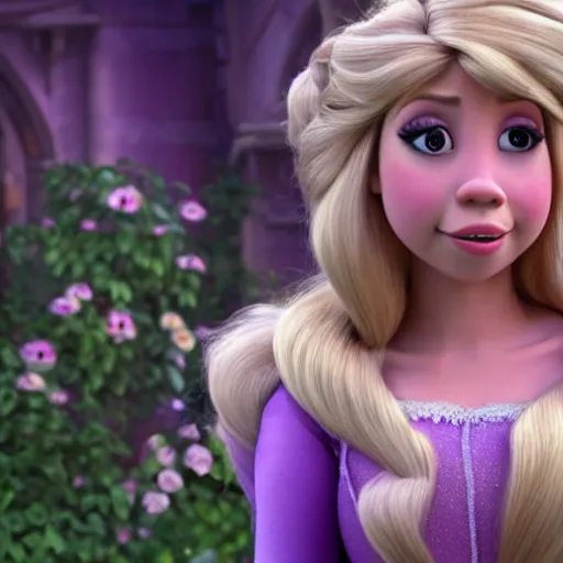 Prompt: Jennette McCurdy as Rapunzel in disney tangled live action, 8k full HD photo, cinematic lighting, anatomically correct, oscar award winning, action filled, correct eye placement,