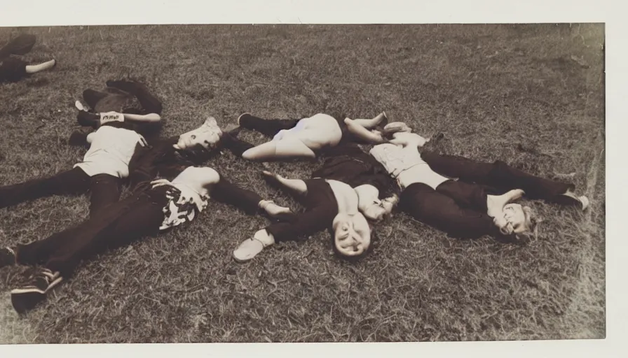 Image similar to A burnt! polaroid photograph of some 70s teenagers lays on the ground