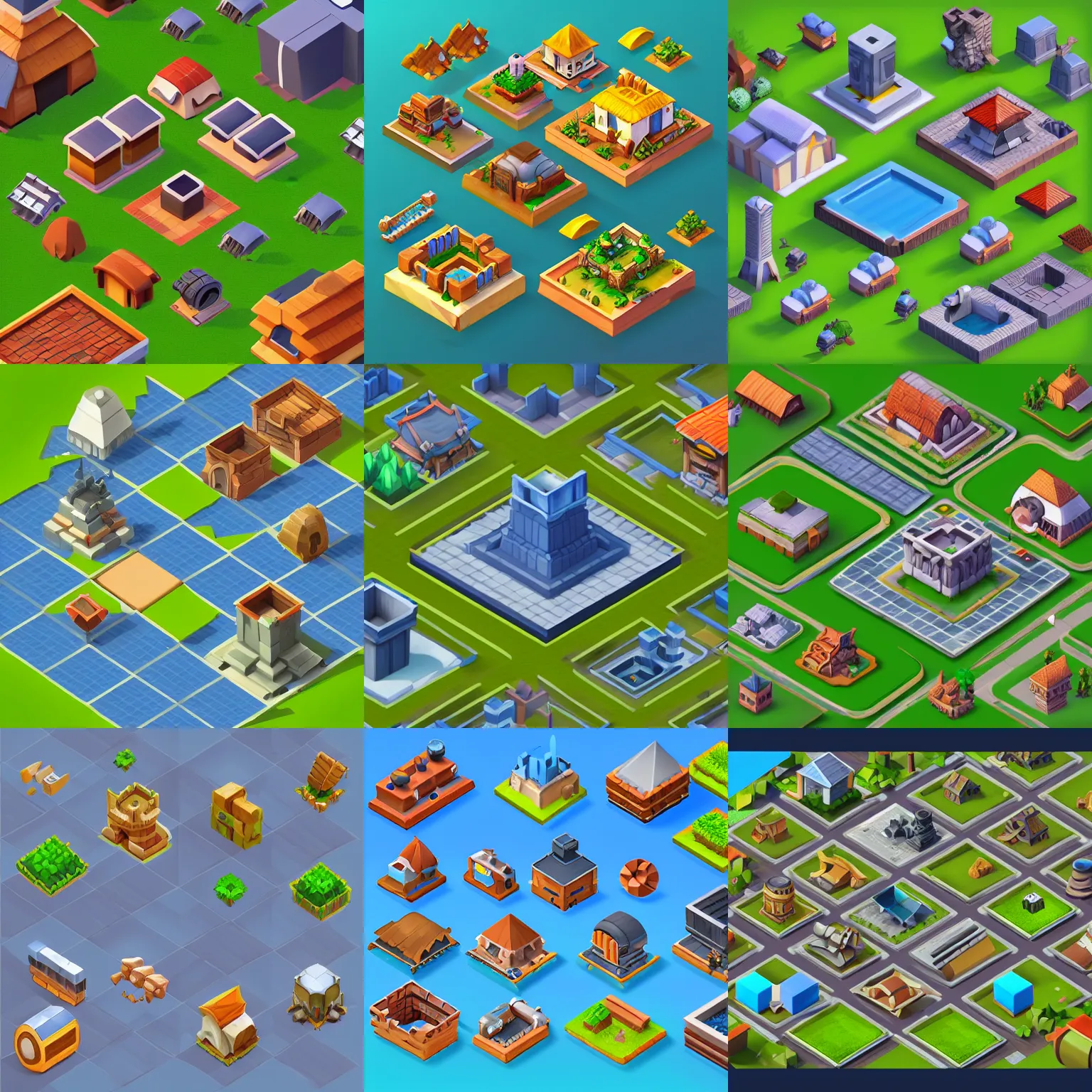 Prompt: collection of isometric building assets in grid on a solid background, clash of clans style, game dev art