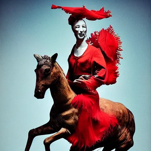 Prompt: dreamworks by pablo picasso, by alberto seveso daring. a sculpture of a heroine riding on a magnificent red horse. traditional russian folk costume & headscarf. pale & beautiful, resolve in her eyes. horse's hooves churn up earth as they gallop, dark forest looms.