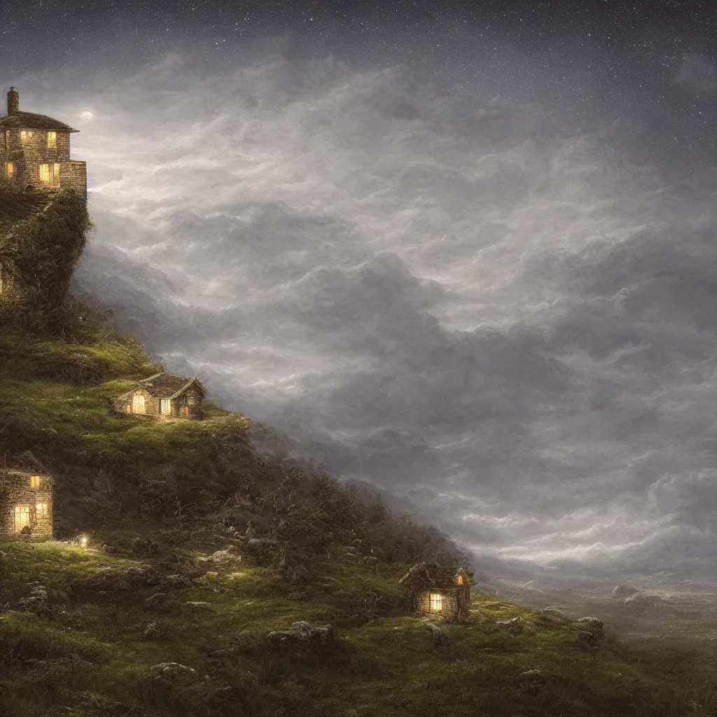 Prompt: A singular rotting cottage on a mountaintop at night, by Lee Madgwick, hyperrealistic, V-Ray 8k UHD