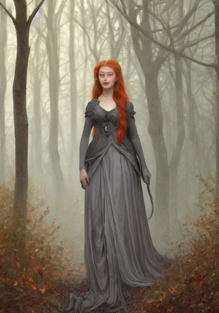 Image similar to portrait of sansa stark in gray dress, foggy forest, autumn, intricate, elegant, highly detailed, digital painting, artstation, concept art, smooth, sharp focus, illustration, art by artgerm and greg rutkowski and alphonse mucha and william - adolphe bouguereau