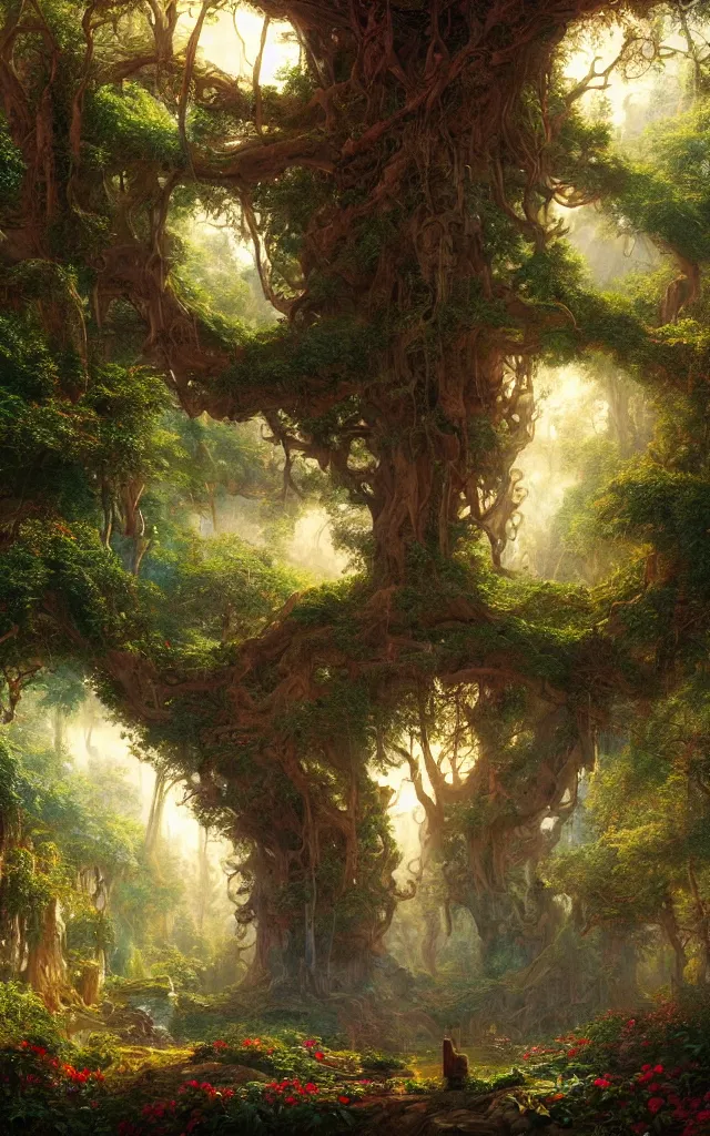 Prompt: beautiful hyper realistic detailed matte painting of fantasy tree of life in garden of eden, hd, hdr, by Moebius and John Howe and Albert Bierstadt and Alena Aenami, cinematic, 8k, ultra detailed, high resolution