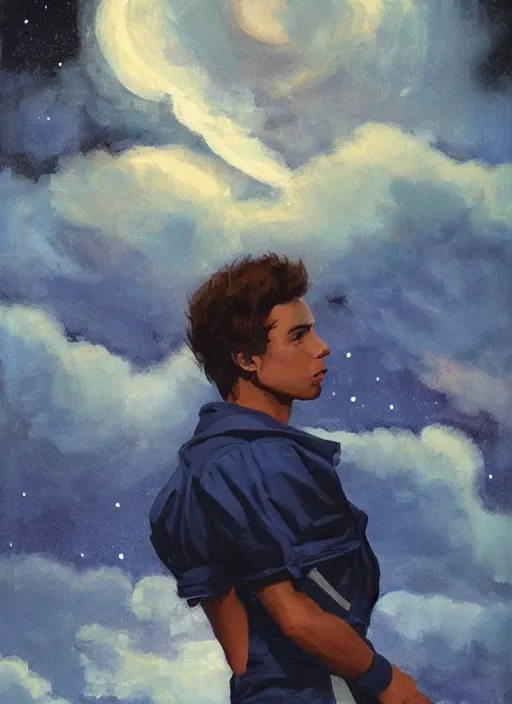 Prompt: portrait of young male sailor, night sky background, coherent! by brom, deep color, strong line, high contrast