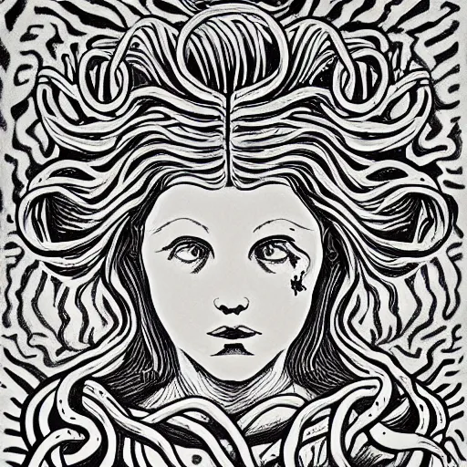 Image similar to Medusa by M.C. Escher, black and white stencil