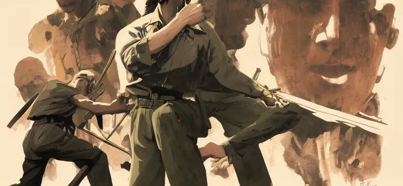 Prompt: the vietnam war, digital painting masterpiece, by ilya kuvshinov, by frank frazetta, by mœbius, by reiq, by hayao miyazaki, intricate detail, beautiful brush strokes, advanced lighting technology, 4 k wallpaper, interesting character design, stylized yet realistic anatomy and faces, inspired by kill bill animated scene