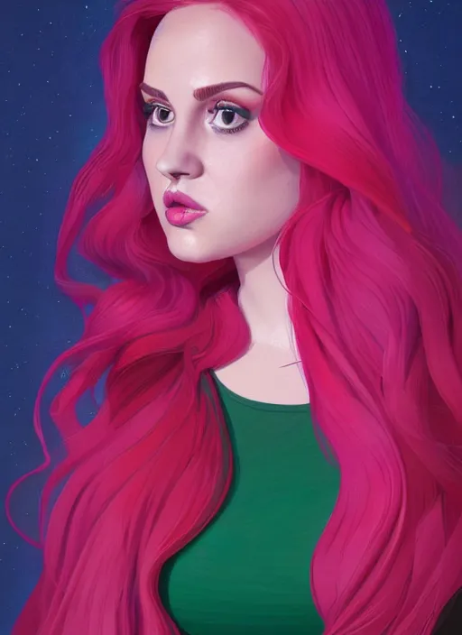 Image similar to full body portrait of teenage cheryl blossom, obese, bangs, green eyes, sultry, realistic, red hair, sultry smirk, wavy hair, pink skirt, fat, intricate, elegant, glowing lights, highly detailed, digital painting, artstation, concept art, smooth, sharp focus, illustration, art by wlop, mars ravelo and greg rutkowski