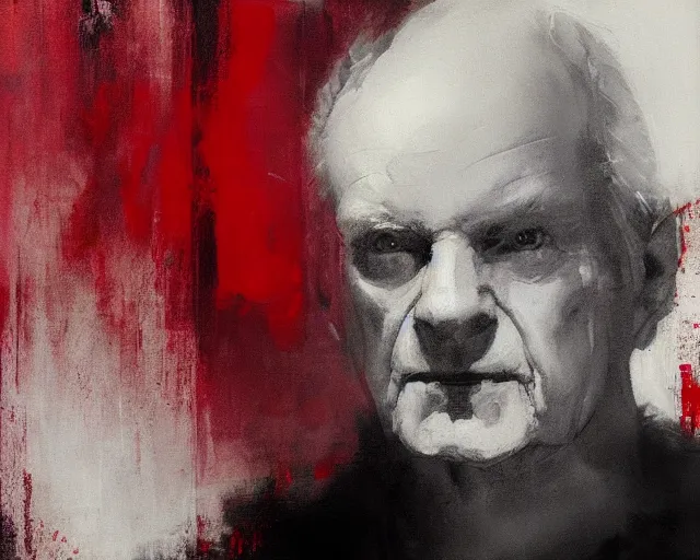 Image similar to portrait of palpatine ian mcdiarmid in shades of grey but with red by jeremy mann