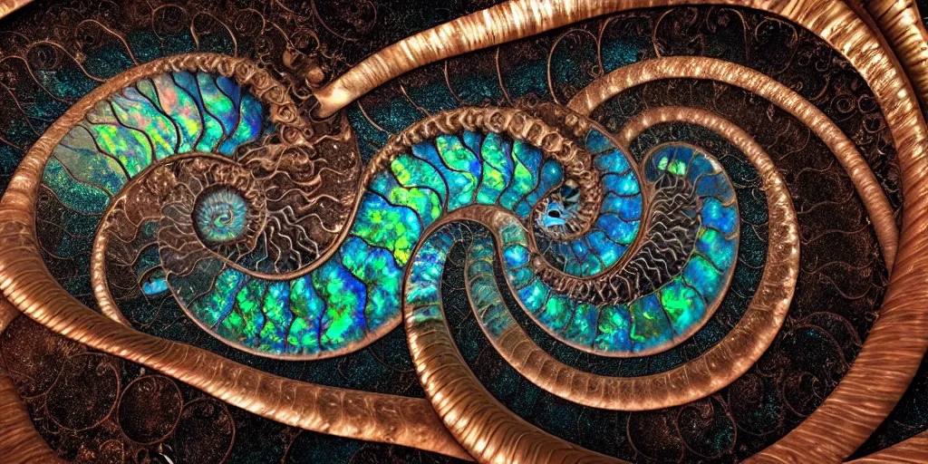 Image similar to cinematic landscape, art nouveau cresting oil slick waves, ammonite, bubbles in a shiny iridescent oil slick wave, black opals, ornate copper patina art nouveau spiral ornament, rococo, organic rippling spirals, hyperdetailed photorealistic ultrasharp octane render