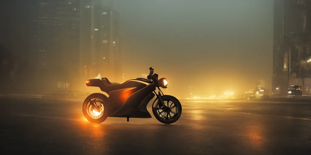 Image similar to parked Tron motorcycle, fog, rain, volumetric lighting, beautiful, golden hour, sharp focus, highly detailed, cgsociety