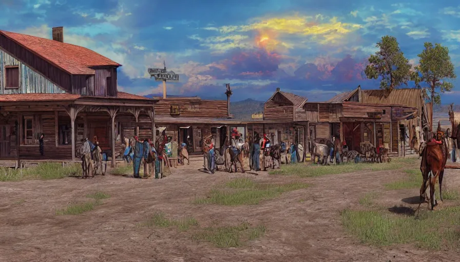 Prompt: an old west cowboy town, digital art, highly detailed, realistic, bright colors, 8 k