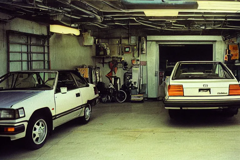 Image similar to 1985 Honda Civic, inside of an unlit 1970s auto repair garage, ektachrome photograph, volumetric lighting, f8 aperture, cinematic Eastman 5384 film