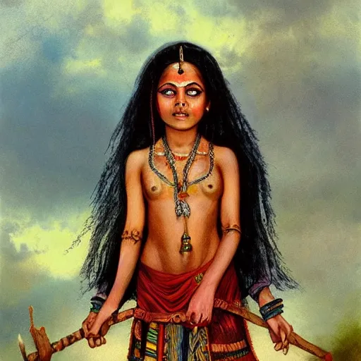 Image similar to a beautiful young indian cottagecore witch, highly detailed, masterpiece, illustrated, art by brom