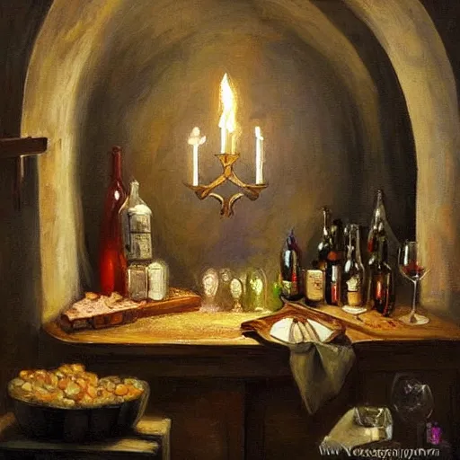 Image similar to wine cellar full of food, torches on the wall, schnapps, painting, Fritz Wagner, Vladimir Volegov, Olga Zakharova