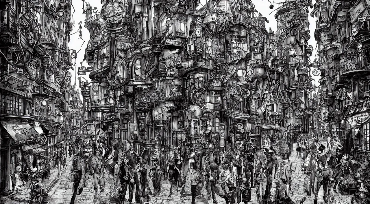 Prompt: steampunk city street by junji ito, trending on artstation