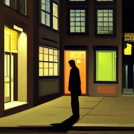 Prompt: a lonely street at night with a sad man in a jacket sitting on the street, in the style of Edward Hopper, 4K,