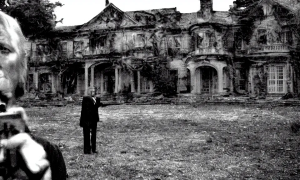 Image similar to 35mm film still, Resident evil, Donald trump in front of mansion, zombie, spooky, horror, old, dirty, reversal film stock